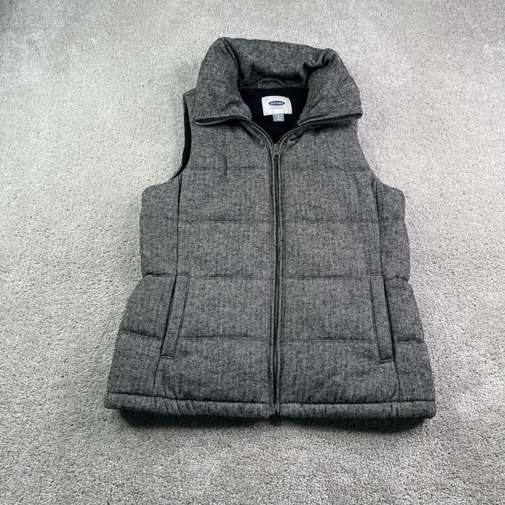 Old Navy Vest Womens Small Gray Herringbone Puffer Fleece Lined Full Zip Outdoor